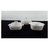 Corningware, three Corning ware dishes with peach