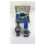 Three wrist watches two are Elgin and one techno