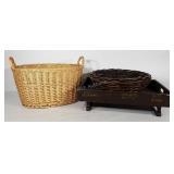 Decor group, two large baskets, and wooden