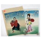 Japanese couple paintings on transparent silk,