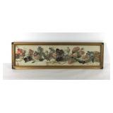 Early floral print, framed 34x10, age wear as