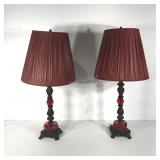 Pair table lamps, metal and red poly bases, stand