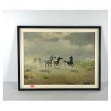 Wild horses print on board, framed, 28x22