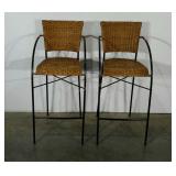 Two wicker bar chairs, 30" to seat, metal base