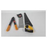 Tools, Dewalt saw 18", Friskars pruners, etc.,