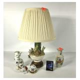Decor group, lamp with ceramic cacti around base,