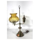 Brass student lamp with amber glass shade,