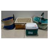 Two totes, Rubber maid cooler and a basket
