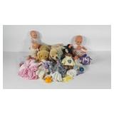 Toys, baby dolls, plush dogs and cat, clothes,