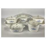 Cornflower Corning cookware, seven pieces with