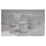 6 pieces of milk glass:  stem glass, coffee cup,
