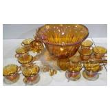 Gold carnival glass punch bowl with ladle, 12