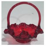 Red glass basket with handle, 7 inches tall