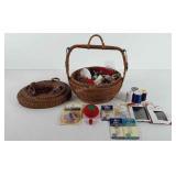 Sewing supplies, wicker sewing basket with lid,