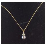 14k gold black pearl and diamond necklace 18in