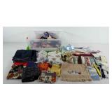 Box of fabric, ribbon, denim, and etc