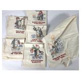 Textiles, embroidered feed sack towels,  six with
