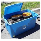 Sterlite 45 gallon tote with Mower Parts, wheels,