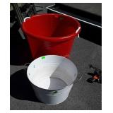 Poly red muck bucket and metal cooler pail,