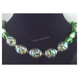 Green Murano style beaded necklace 26in