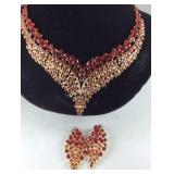 Red Austrian crystal goldtone earrings and 20in