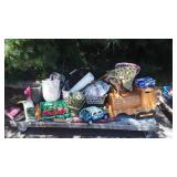 Skid lot with toys included wooden ride on train,