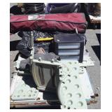 group lot  with bucket, storage drawers, bike