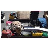 Skid of buckets, gas can, Washington Redskins tin,