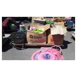 Skid lot of pool floats, dishware, suitcases,