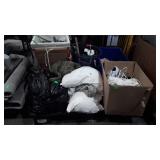 Skid of bed linen,  shoes, Decor signs,