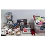 Christmas decor, Olaf toy, lights, gift bags,