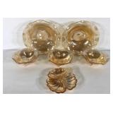 Marigold carnival glass, two 10" ruffle bowls,