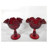 Pair of Fenton ruby red goldcrest compotes,