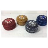 Four round beaded bejeweled jewelry boxes 3in