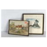 Wall art, rural scenes, framed watercolor church,