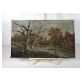 Early painting on canvas, creek scene, age wear