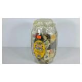 Pretzel container full of matchbooks, taped shut