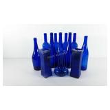 Cobalt blue glassware, includes bottles (11" and