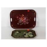 Two floral painted toleware trays, smaller one