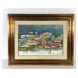 Snowy Village painting on canvas, nicely framed