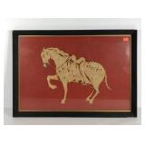Batik fabric horse picture, framed under glass,