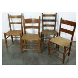 Four chairs, similar but not matching, woven