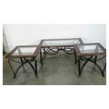 Coffee table and two end tables, glass top, metal