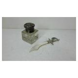 Two pieces. Glass inkwell with Sterling top and