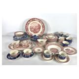 Mis-matched red and blue transferware dishes,