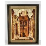 Painting on canvas, city street, signed, framed