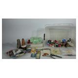 Sewing group, includes thread, antique sampler,
