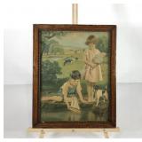 Early print, children and their dog, oak frame,
