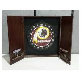 Redskins dart set in wall cabinet. Missing half