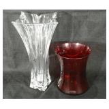 Two vases, clear 14", red 8"